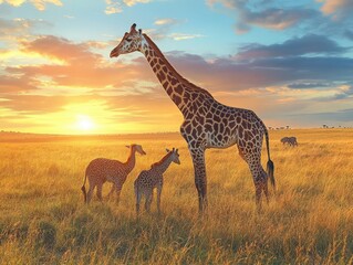 Obraz premium Safari wildlife tour with vibrant animals, soft natural lighting, dynamic movement, serene atmosphere