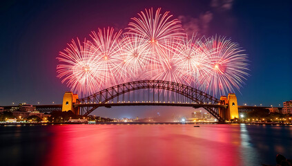 A stunning display of colorful fireworks exploding over the Sydney Harbor Bridge at night, illuminating the sky in celebration of Australia Day.