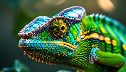 Close Up of Green Chameleon on a Branch with Soft Natural Blur Background