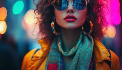 Street style fashion look with vibrant accessories, dynamic urban setting, soft lighting, modern fashion vibe