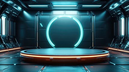 Fototapeta premium Futuristic Sci-Fi Stage with Neon Lights and Circular Portal