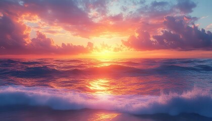 Sunset over the ocean with vibrant colors, soft lighting, serene atmosphere, dynamic sky, photo-realistic
