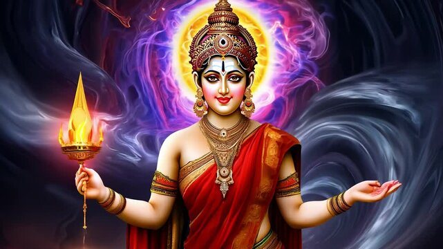 Hindu goddess holding a flame in her right hand is being approached