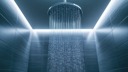 A shower head is spraying water in a bathroom