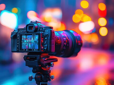 Travel vlogging setup with vibrant camera and accessories, sleek design, soft lighting, dynamic energy, photo-realistic
