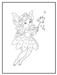 Fairy coloring page featuring a cute fairy waving her magic wand. Children's coloring books with fun characters.
