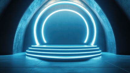 Fototapeta premium Blue Neon Lights Illuminating a Circular Platform in an Abstract Room