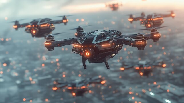 A swarm of military drones in action, future battlefield concept.