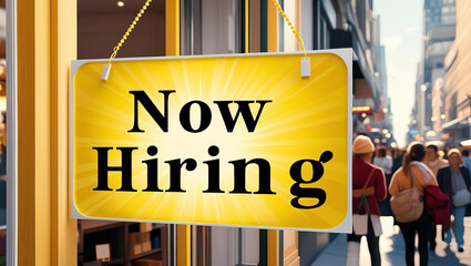 Now Hiring sign in busy urban setting, attracting job seekers with its bright yellow color and bold text. scene conveys opportunity and excitement