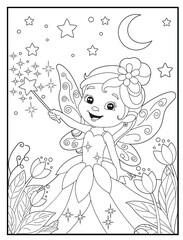 Fairy coloring page featuring a cute fairy waving her magic wand. Children's coloring books with fun characters.
