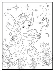 Fairy coloring page featuring a cute fairy waving her magic wand. Children's coloring books with fun characters.
