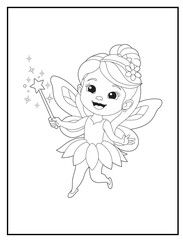 Fairy coloring page featuring a cute fairy waving her magic wand. Children's coloring books with fun characters.
