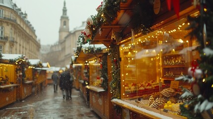 Obraz premium Christmas Market, Winter Wonderland, Festive Atmosphere, Sparkling Decorations, European City Street