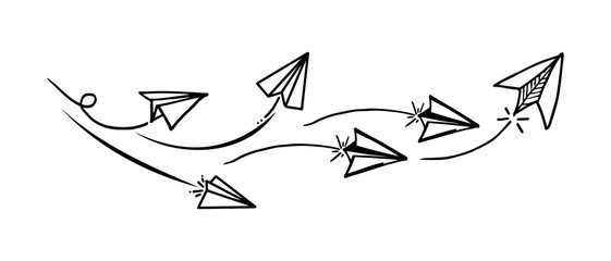 Set of doodle paper plane icon. Hand draw paper airplane.