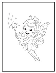 Fairy coloring page featuring a cute fairy waving her magic wand. Children's coloring books with fun characters.
