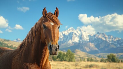 Obraz premium A comical brown horse stands in front of a stunning mountain backdrop. The clear blue sky and the horse's mane covering its face add a touch of humor to the picturesque