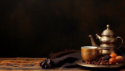 Elegant tea set with coffee and snacks on a textured surface.