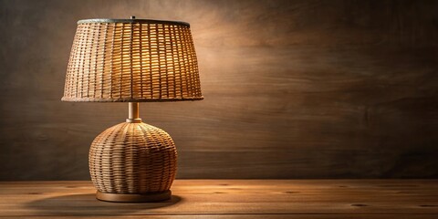 Obraz premium Wicker lamp on wooden base with brown shade and glowing light