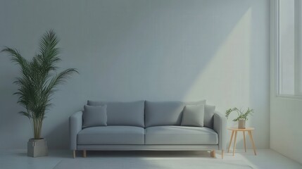 A large grey couch sits in front of a window with a potted plant