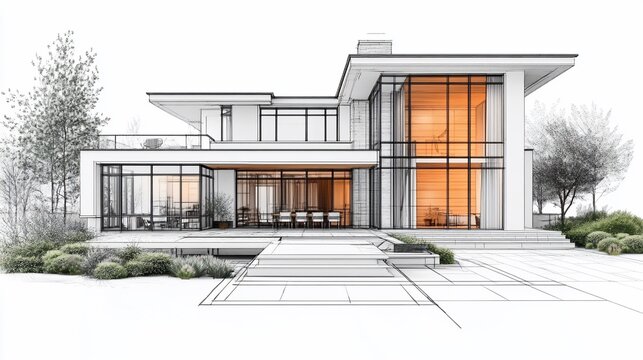 Architectural rendering of a modern, two-story house with large windows and a spacious backyard.