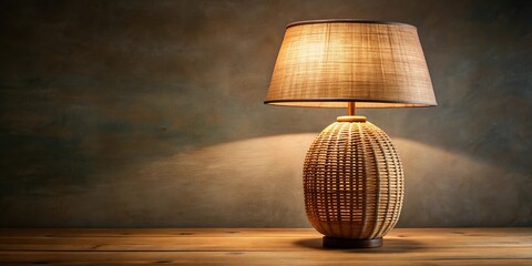 Obraz premium Wicker lamp on wooden base with brown shade and light