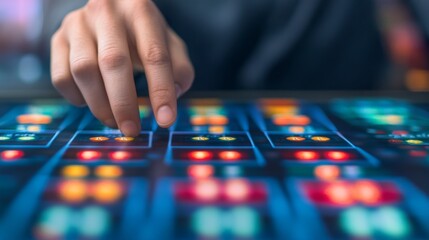 Fototapeta premium Close-up of a hand interacting with a colorful digital interface.