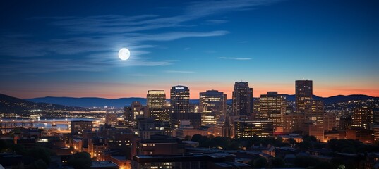 Obraz premium Night skyline view with a full moon over a cityscape.