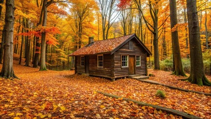 Wide angle fall leaves cozy cabin autumn nostalgia