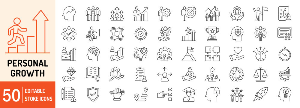 Personal Growth collections editable stroke outline web icons set. Personal growth, vision, creativity, leadership, success, skill, open mind, coaching and career progress. Vector illustration