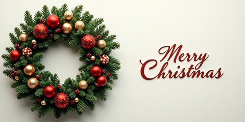Merry Christmas, An intricately decorated Christmas wreath on the left side, with (Merry Christmas) in elegant cursive on the right.