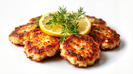 Golden crispy fish cakes with lemon and dill garnish