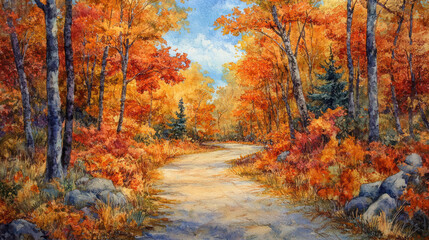 Fototapeta premium Vibrant Autumn Foliage Along Tranquil Pathway