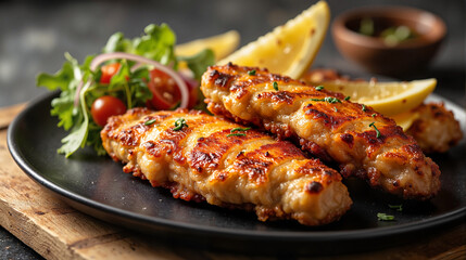 Fototapeta premium Grilled chicken breasts with lemon and salad on dark plate