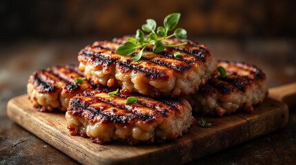 Grilled meat patties with herbs on wooden board