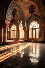 Sunlit interior of an ornate architectural space with arches.