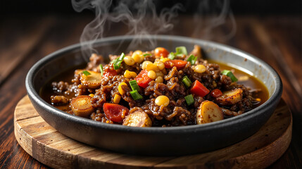 Fototapeta premium Steaming hot beef and vegetable stew in dark bowl