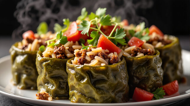 Stuffed cabbage rolls with meat and rice on plate