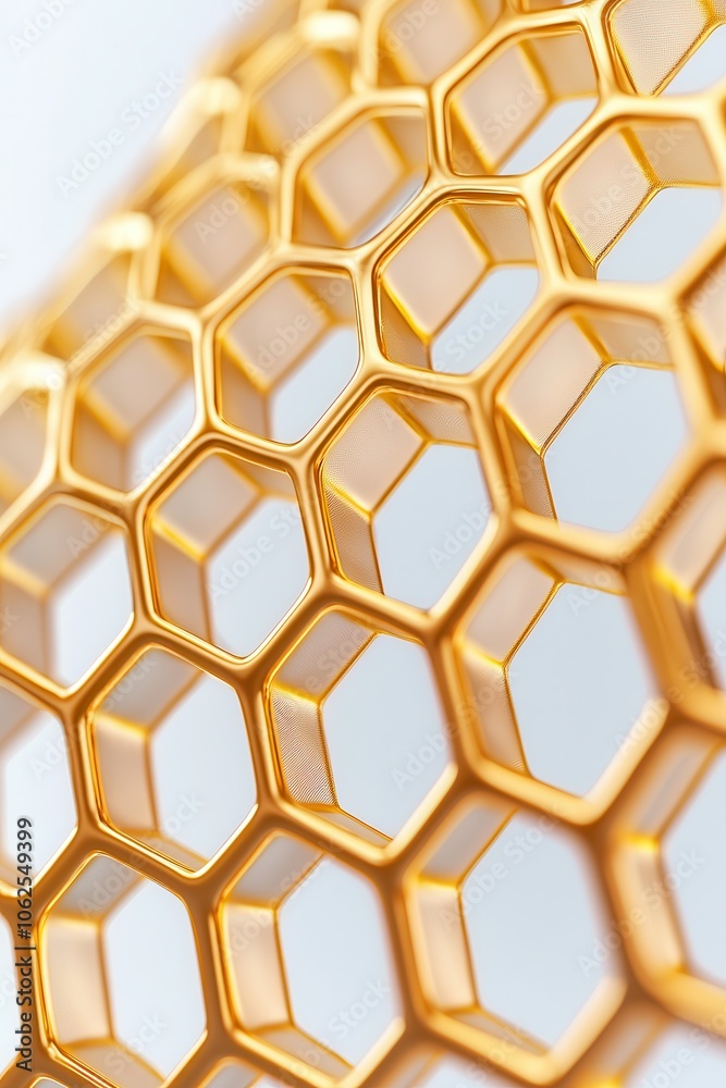 Poster close-up of a golden honeycomb structure, showcasing intricate hexagonal patterns and a shiny metall