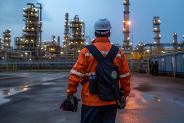 Worker in safety gear walking through an industrial facility at dusk.