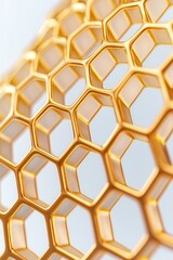 Close-up of a golden honeycomb structure, showcasing intricate hexagonal patterns and a shiny metallic finish.