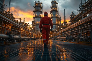 Naklejka premium Worker walking through an industrial facility at sunset.