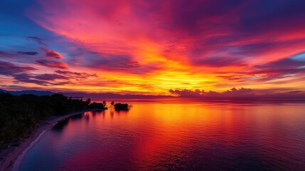 Fototapeta premium Stunning sunset over calm water with colorful clouds and serene shoreline.
