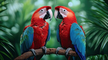 Fototapeta premium Two vibrant scarlet macaws perched on a branch in a lush tropical environment.