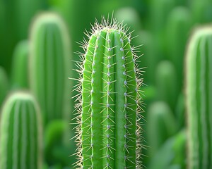 Fototapeta premium Close-up of a tall green cactus surrounded by lush greenery, showcasing its spiky texture and vibrant color.