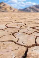 A close-up of dry, cracked earth in a barren landscape under a blue sky with distant mountains.