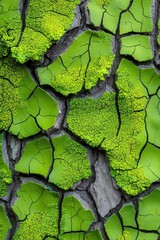 Close-up of vibrant green moss growing on cracked bark, showcasing nature's textures and colors.