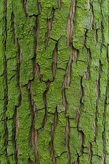 Textured close-up of a tree trunk showing intricate green moss and bark patterns.