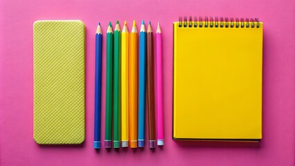 A vibrant yellow notepad and an assortment of colorful pencils lie in a row, ready to capture ideas and express creativity on a vibrant pink background.