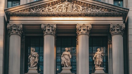 Obraz premium A grand bank building with classical architecture and sculptures