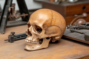 A realistic human skull displayed on a wooden table, showcasing fine details and natural textures.